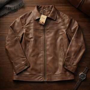 MANLY Mens Brown Faux Leather Full Zip Jacket Point Collar Size S New